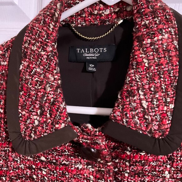 Talbots 10P Red/Rust/Brown Tweed Button-Front Jacket Brown Trim - Picture 2 of 3